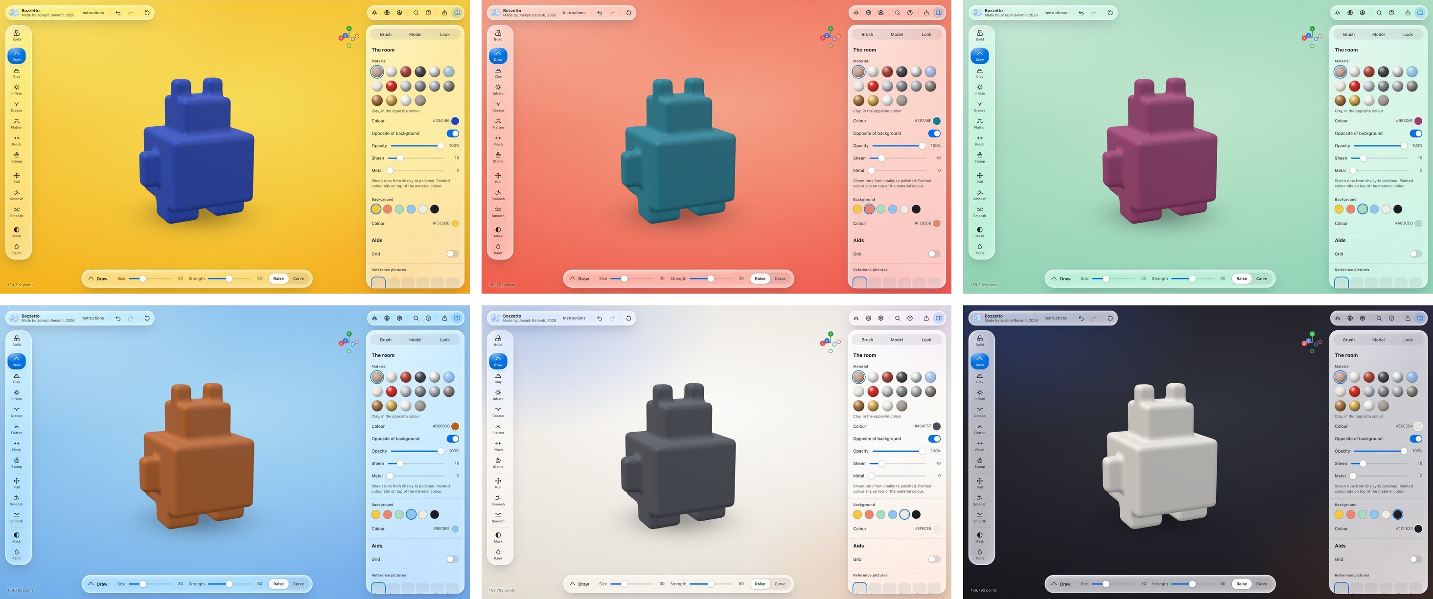Six Bozzetto windows, one for each room, with the same robot built from blocks in the opposite colour each time: blue on yellow, teal on coral, plum on mint, orange on sky, charcoal on paper and white on night.