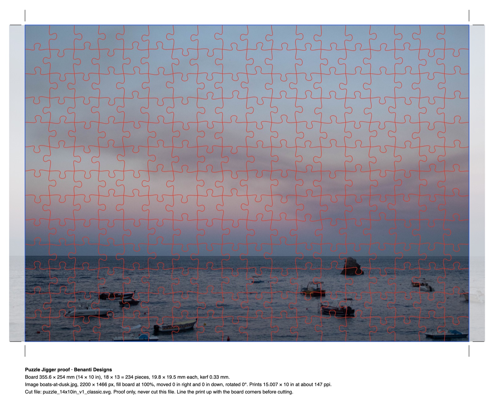 A Puzzle Jigger proof: a photograph of boats at dusk under 234 red jigsaw cut lines, with corner marks and notes on the board and image size.