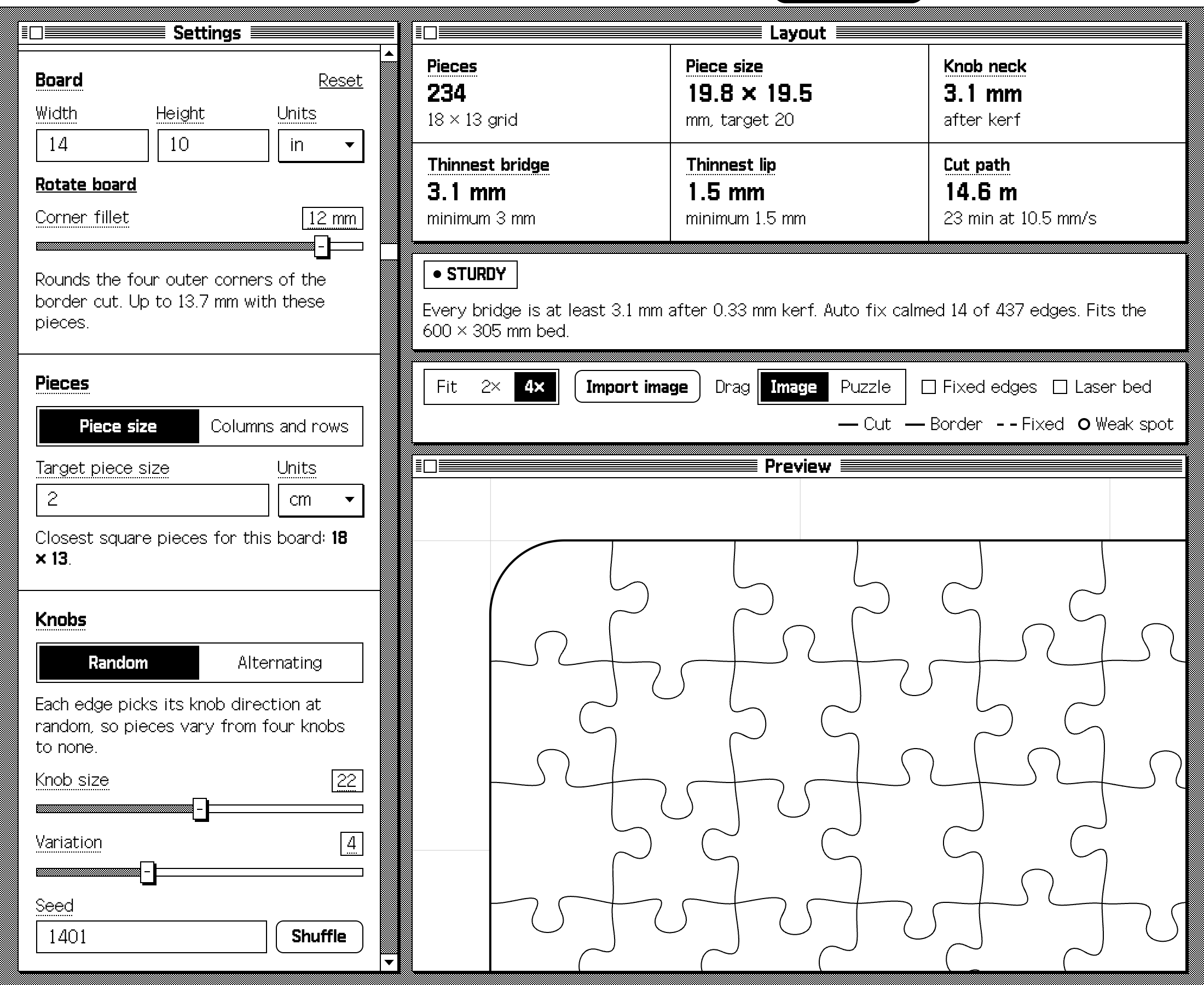 The Board settings with Corner fillet at 12 mm, beside a 4× preview of the rounded top left corner of the border cut.