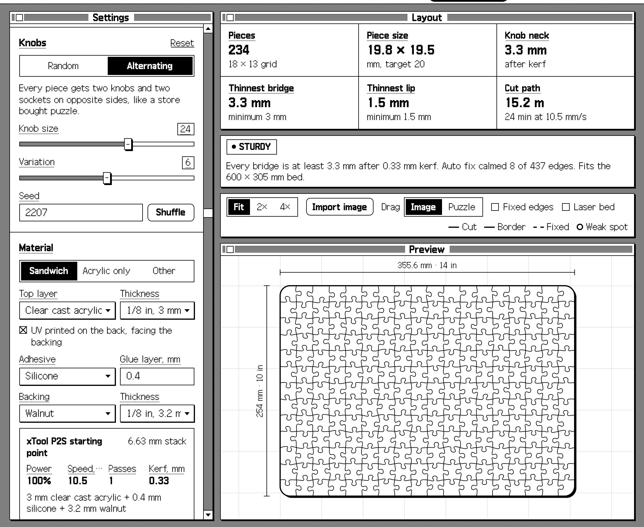 The Knobs settings set to Alternating with knob size 24, variation 6 and seed 2207, beside a preview of the whole board with rounded corners.