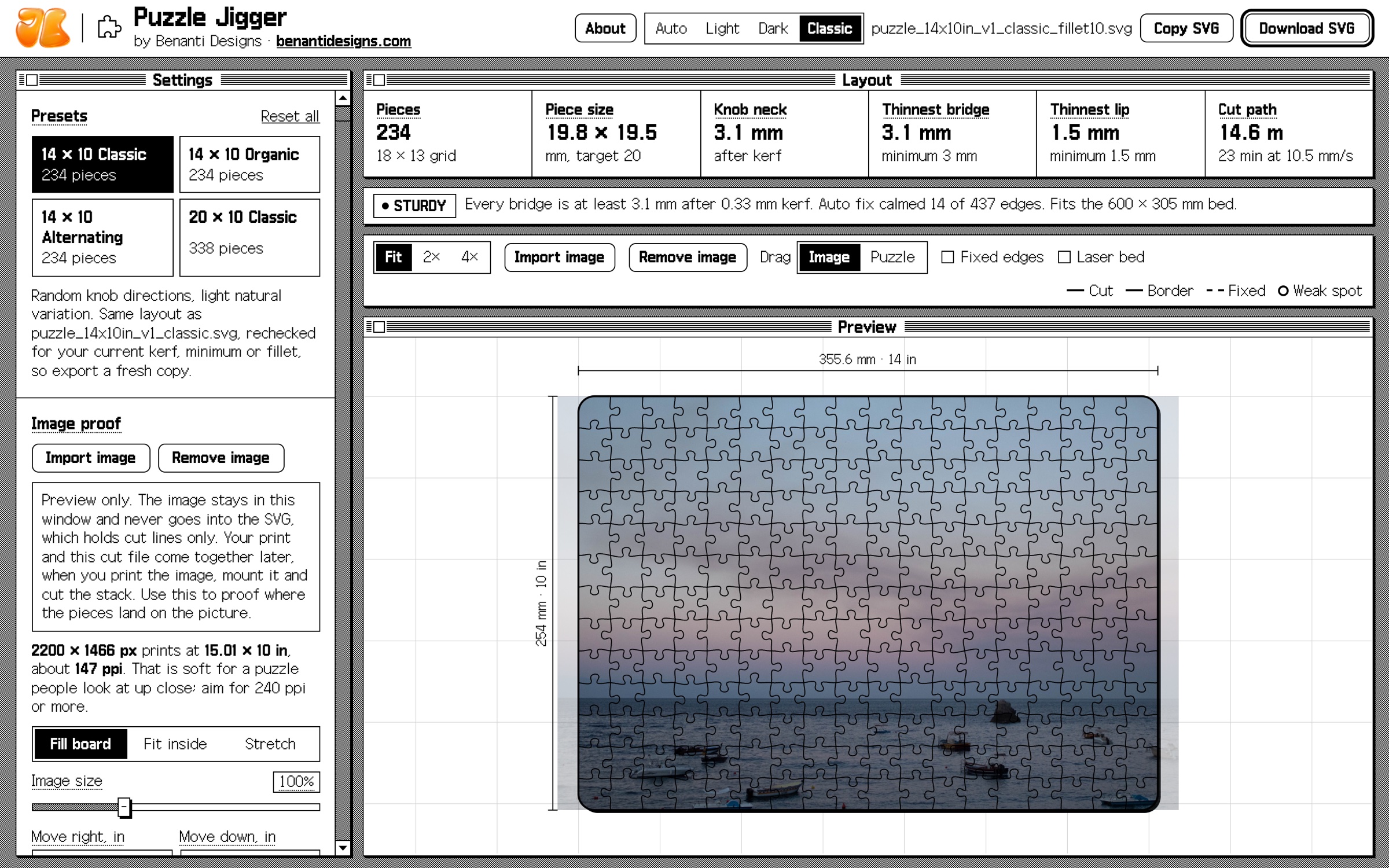 Puzzle Jigger in its Classic look: presets and image proof settings on the left, the layout checks reading Sturdy, and a preview of Boats at Dusk under 234 jigsaw pieces on a board with rounded corners.