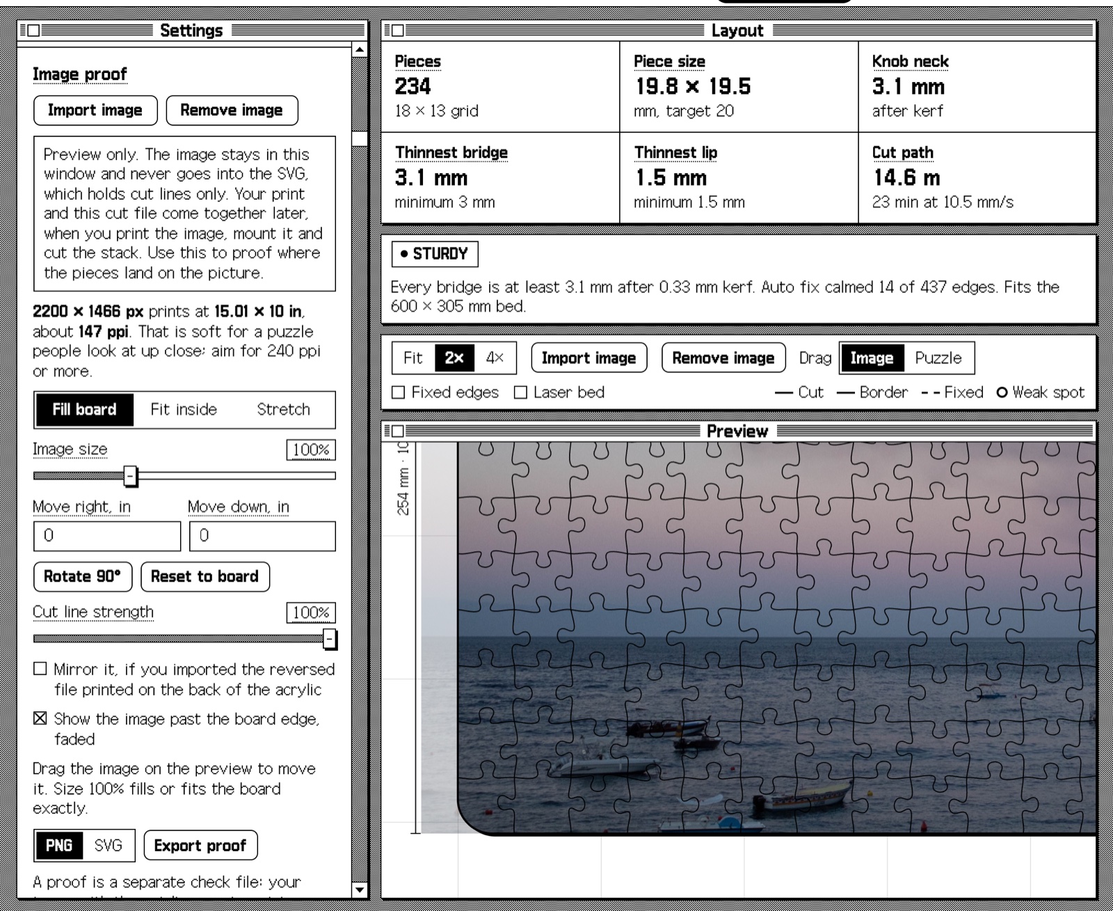 The Image proof settings with fill, size, position, rotation and cut line strength controls, beside a 2× preview of boats on the water under the cut lines at the rounded bottom left corner of the board.
