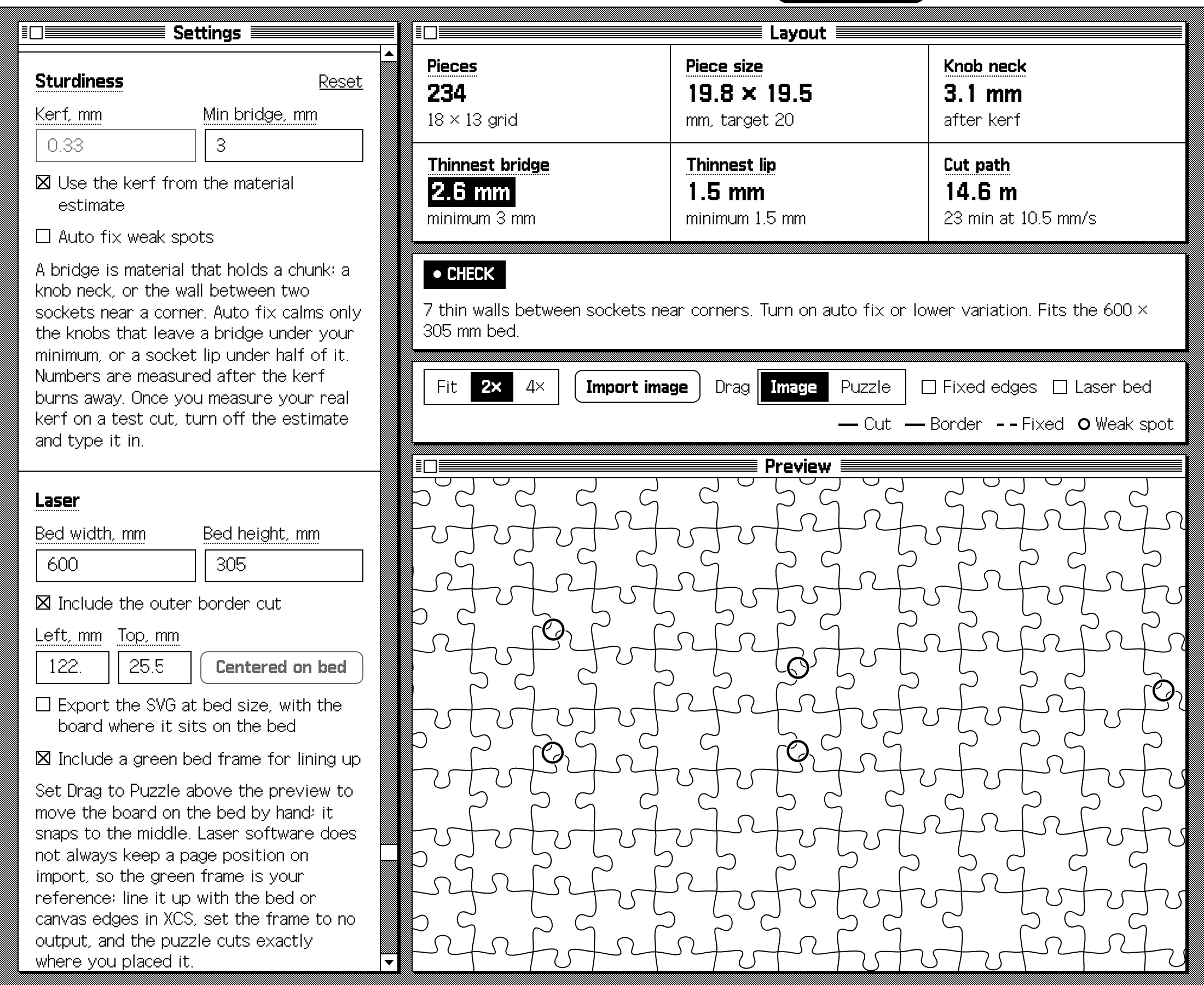 Puzzle Jigger with auto fix turned off: the Sturdiness settings, a Check status reporting seven thin walls between sockets near corners, the thinnest bridge highlighted at 2.6 mm, and weak spots ringed on the preview.