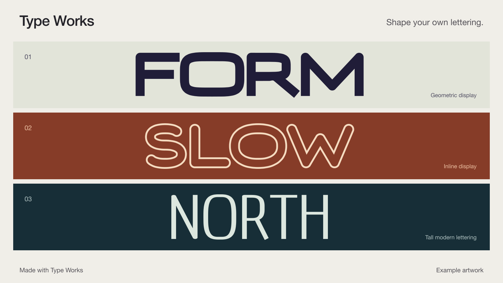 FORM, SLOW and NORTH lettering studies created with Type Works.