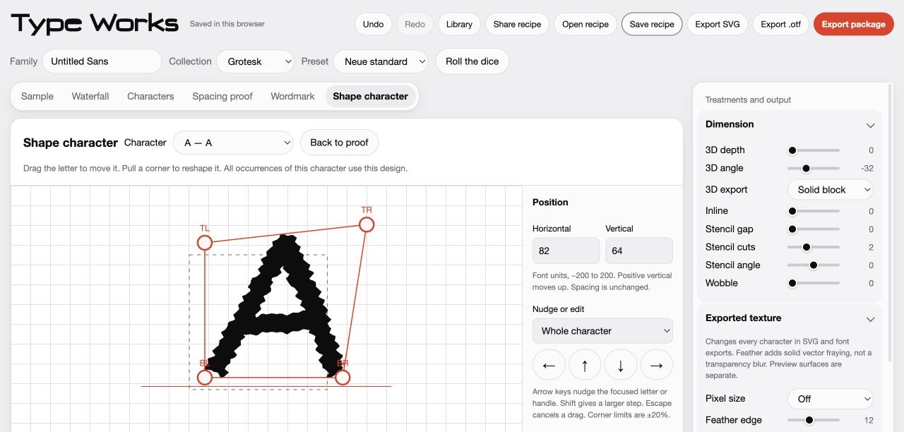 The Shape character editor in Type Works: the letter A inside a frame with four draggable corner handles, position fields and nudge arrows.
