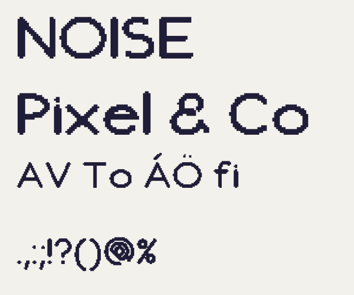 Sample words rendered from an exported font built from square pixel blocks.