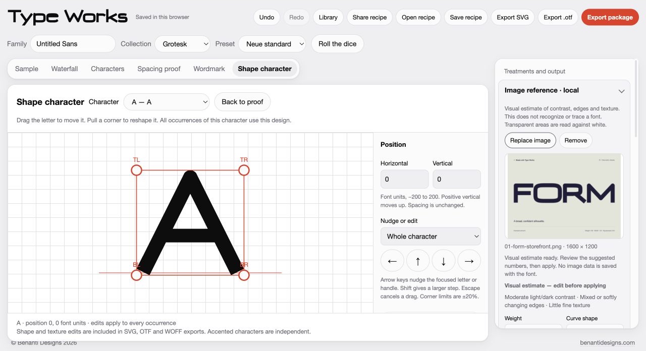 The image reference panel in Type Works showing a FORM picture beside the letter A, with a visual estimate of contrast, edges and texture and editable suggested settings.