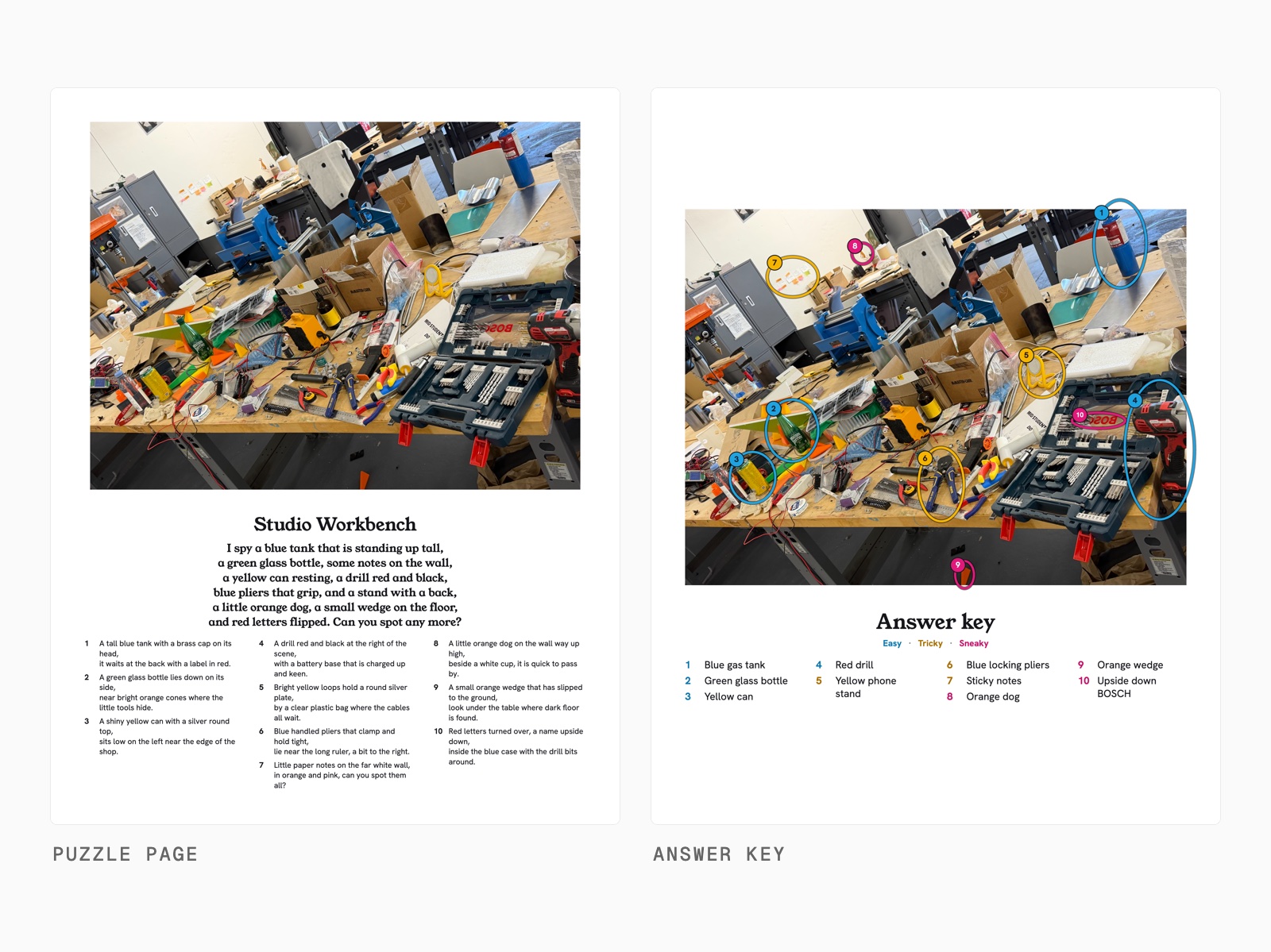 What U Spy makes: a finished puzzle page, the studio workbench photo with the title Studio Workbench, a rhyming verse and ten clues, beside its answer key with every find circled and numbered.