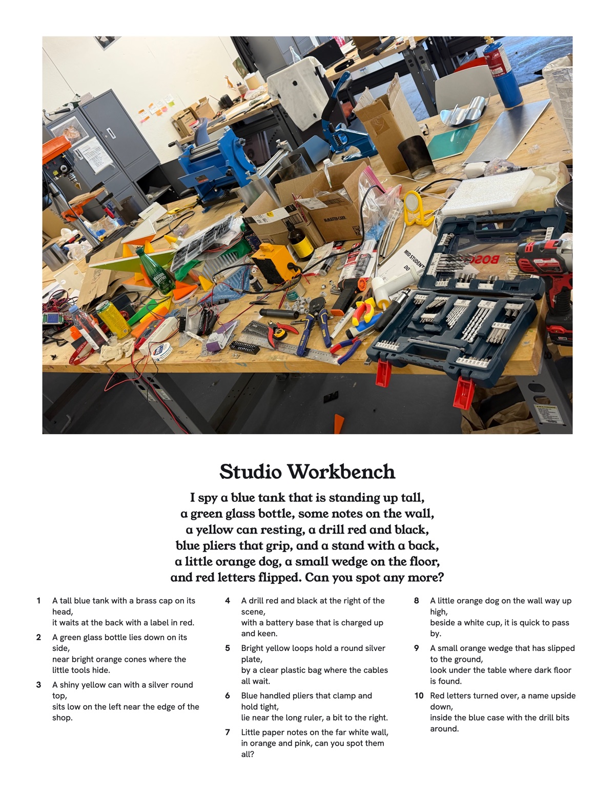 A letter size puzzle page: the studio workbench photo, the title Studio Workbench, a rhyming verse and ten numbered clues.