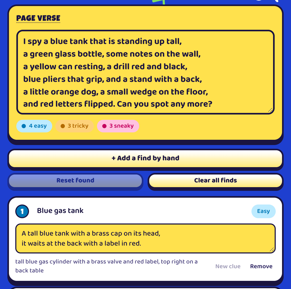 The page verse for the studio workbench, counts of 4 easy, 3 tricky and 3 sneaky finds, and the first clue card for the blue gas tank with its clue open for editing.