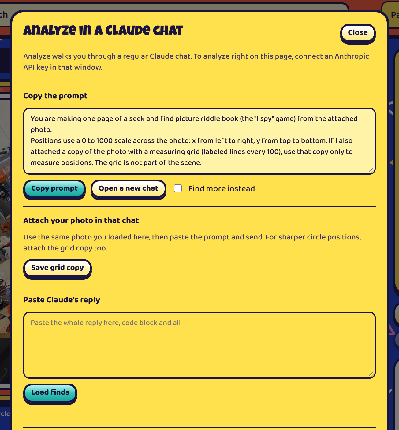 The Analyze in a Claude chat window: copy the prompt, attach your photo in that chat with an optional grid copy, then paste Claude's reply and load the finds.