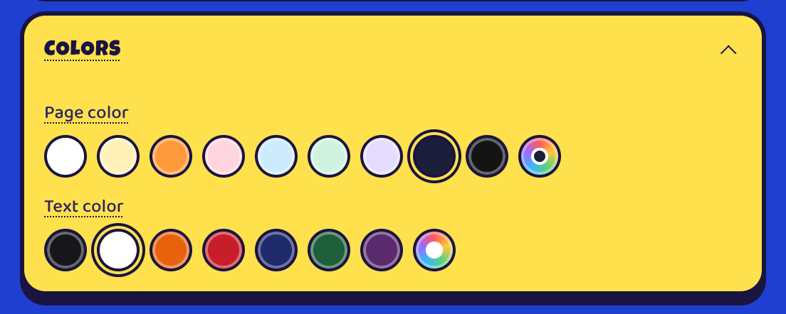 The Colors panel with the Midnight page color and white text color selected.