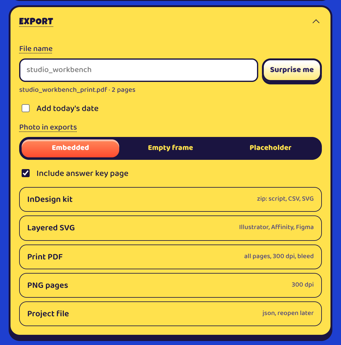 The Export panel: file name with Surprise me, photo in exports set to Embedded, Include answer key page checked, and buttons for InDesign kit, Layered SVG, Print PDF, PNG pages and Project file.