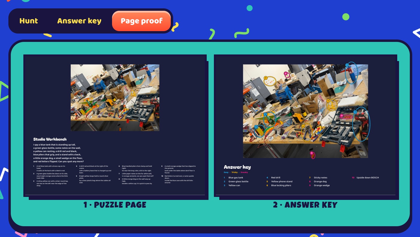 Page proof of two landscape pages on a dark navy background with white Bubbly type: the puzzle page with the verse and clues, and the answer key with every find circled.